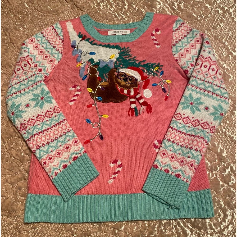 Cute Girl Ugly Holiday Sloth 🦥 💓Sweater Size L 10-12 🎄